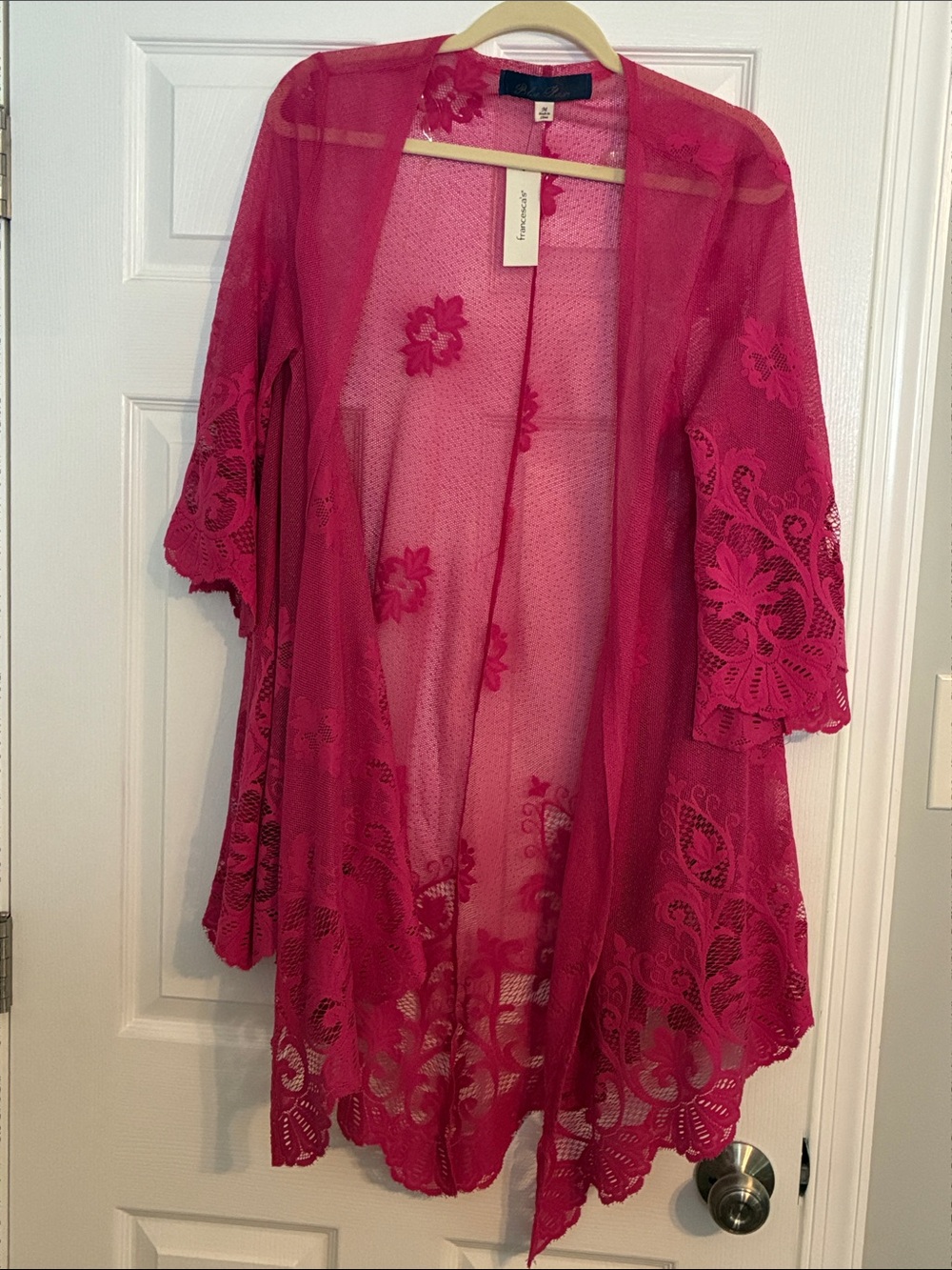 Blue Rain Fuchsia Sheer Floral Lace Kimono Robe